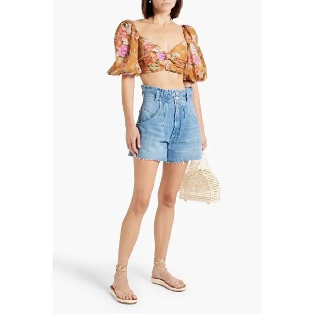 NWT ZIMMERMANN Cropped floral-print cotton-voile top puff sleeves (300)